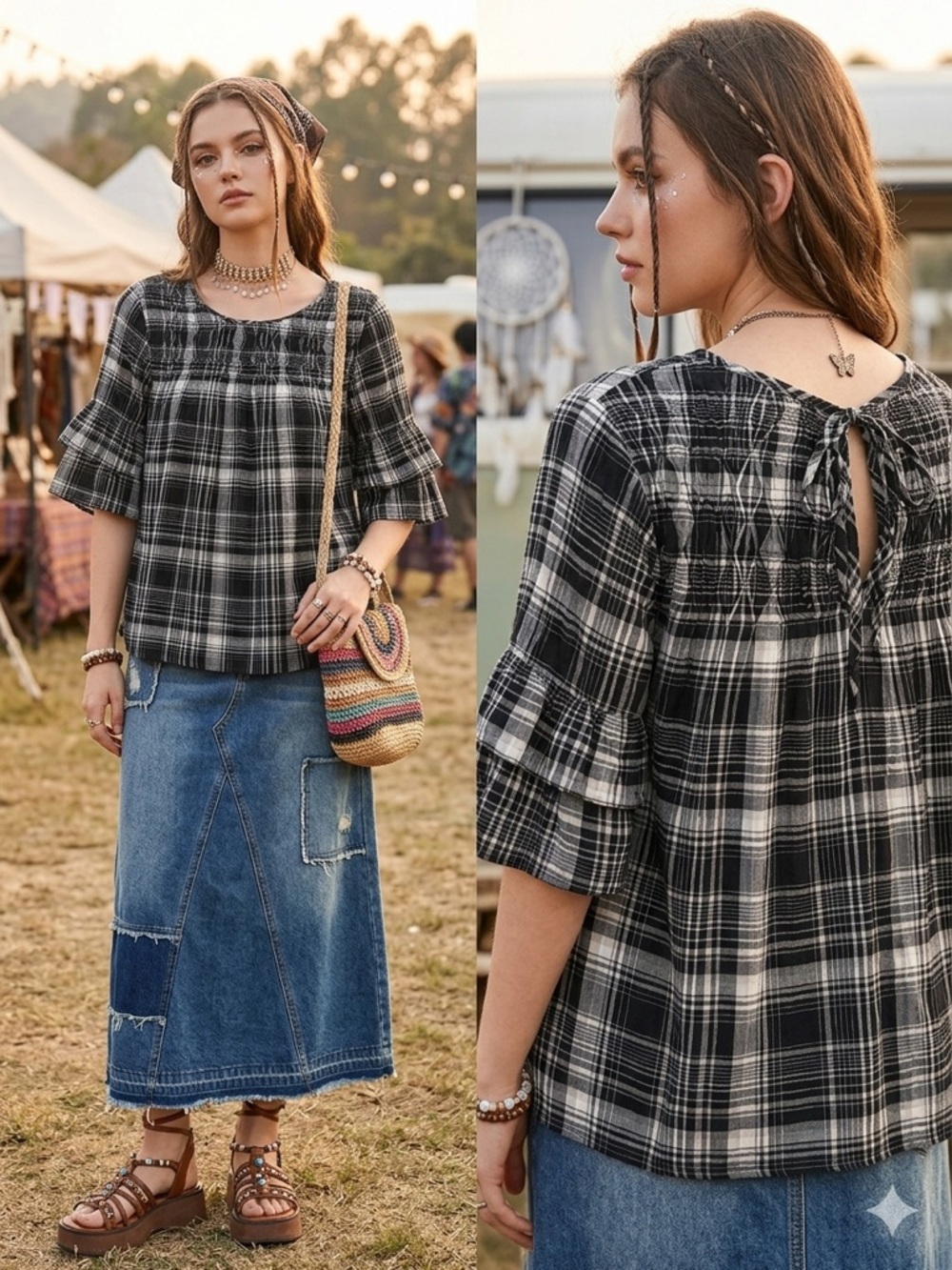 Pilcro Anthropologie Plaid Smocked Peasant Top Size M Black White Boho Blouse